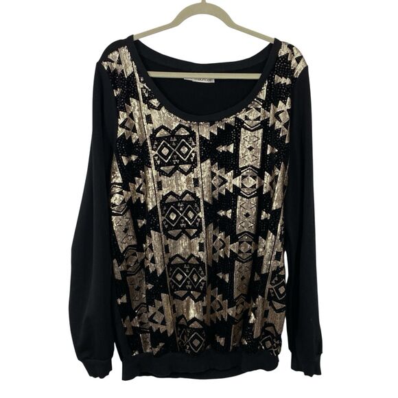 Maurices Aztec Sequin Sweater Women Size 2X Black Gold scoopneck Pullover - Picture 11 of 11